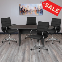 Flash Furniture BLN-6GCGRY2286-BK-GG 5 Piece Rustic Gray Oval Conference Table Set with 4 Black and Chrome LeatherSoft Executive Chairs